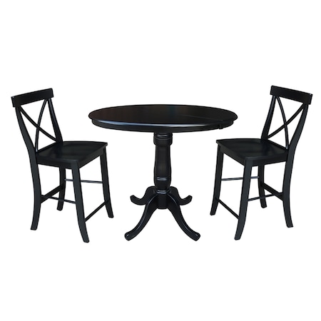 International Concepts Round 36 in Rd Extension Dining Table 34.9 inH, 2 X-Back Counter Ht Stools, Black, 36 in W, 48 in L K46-36RXT-S6132-2